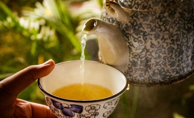 a hand holding a tea cup